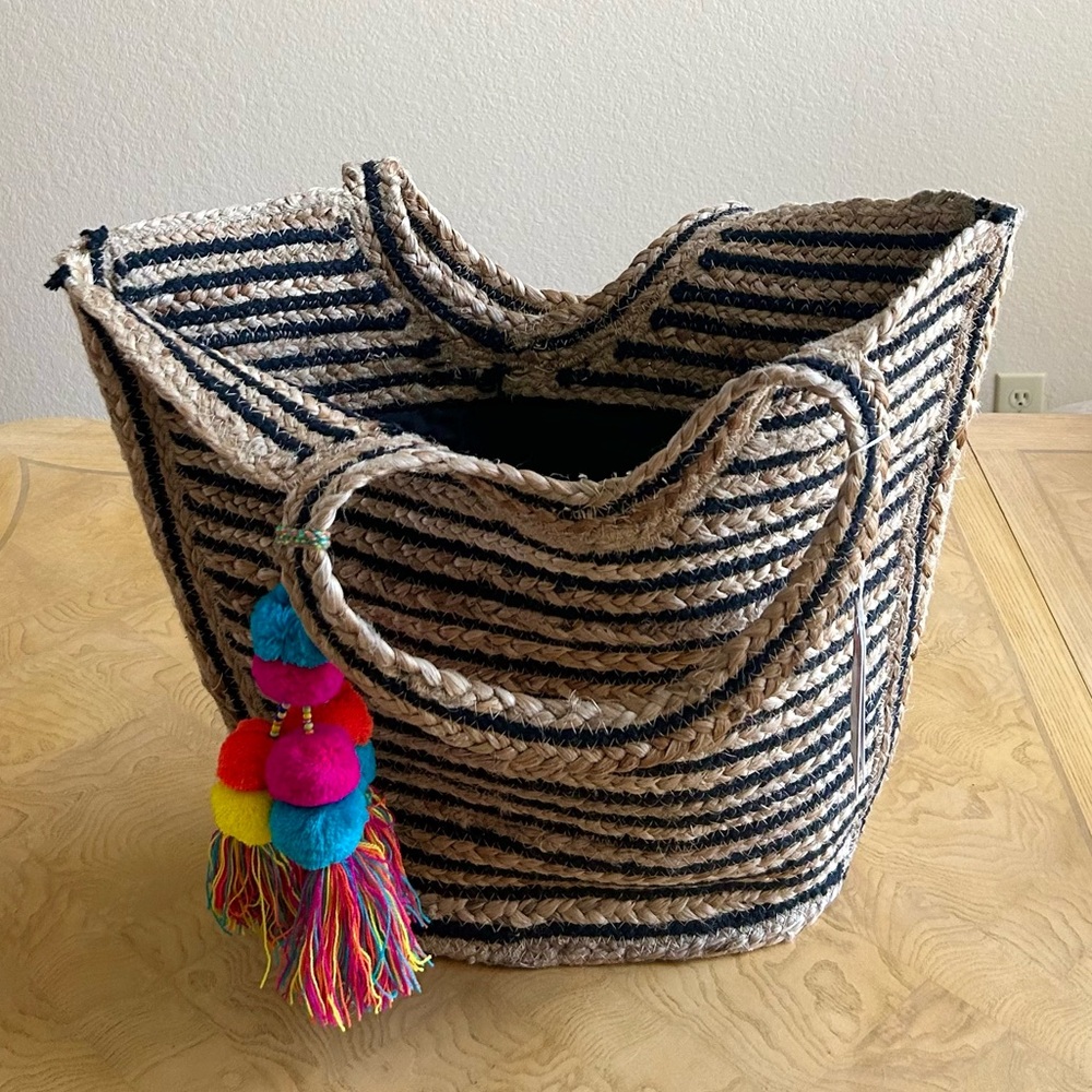 NWT America and Beyond Striped Woven Tote Bag with Tassels
